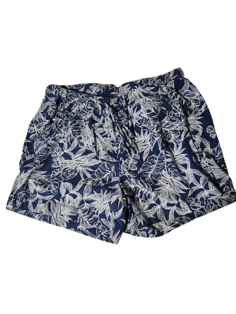 Briggs Women's Linen Blend Tropical Print Navy Elastic Drawstring Waist Size M